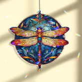 Dragonfly Acrylic Suncatcher, Round Blue and Orange Window Hanging Panel, Colorful Stained Glass Style Nature Inspired Home Decor Gift
